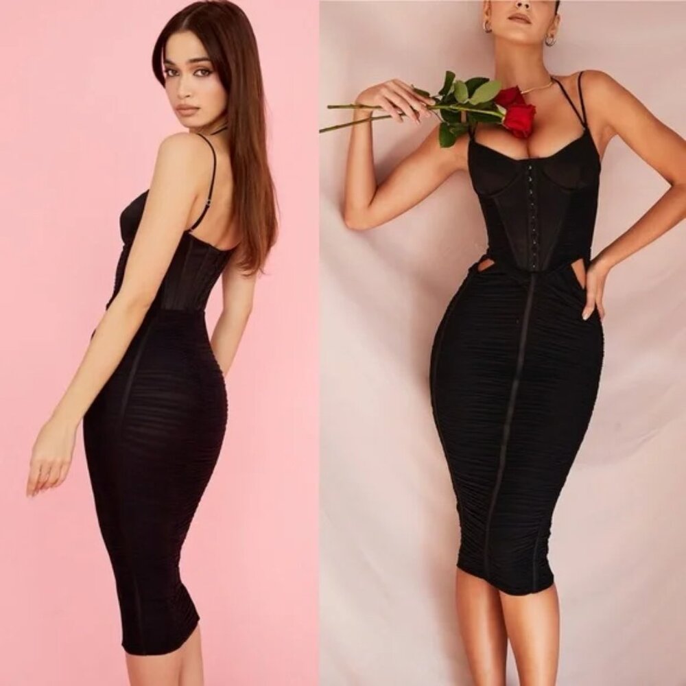 House🍒 of CB Maya Ruched 🌹Midi Dress in Black - Picture 2 of 3
